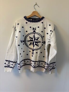 Vintage 80s Eddie Bauer Nautical Map White Knit Crewneck Sweater